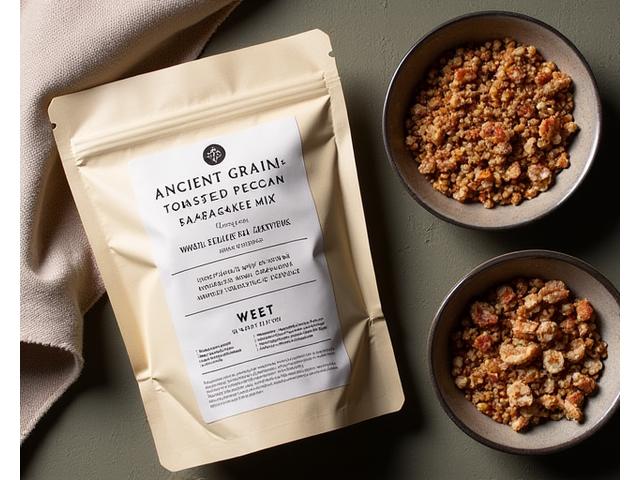 Packaging for Ancient Grain & Toasted Pecan Pancake Mix with a bowl of whole grains and pecans