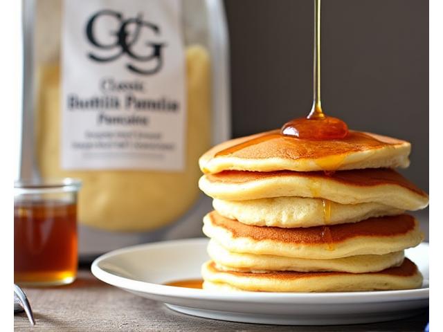 Packaging for Classic Buttermilk Pancake Mix with stacked golden pancakes next to it