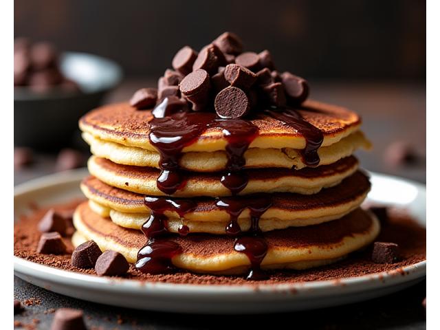 Packaging for Dark Chocolate Chunk Pancake Mix with melting chocolate chunks on a pancake