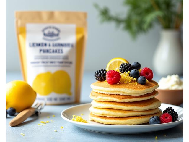 Packaging for Lemon Ricotta & Poppyseed Pancake Mix with a plate of lemon-zest pancakes