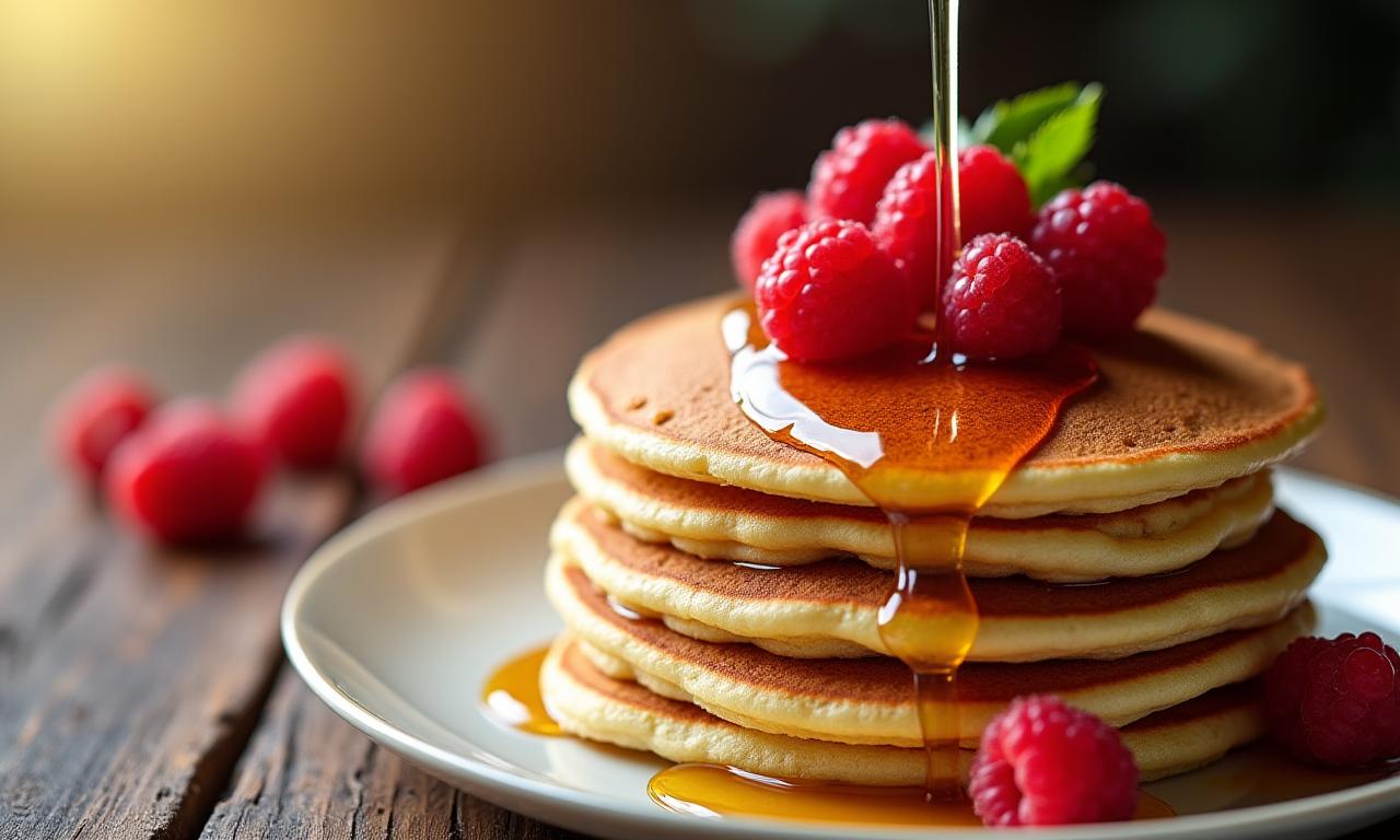 Stack of golden pancakes with berries and syrup on a rustic wooden table